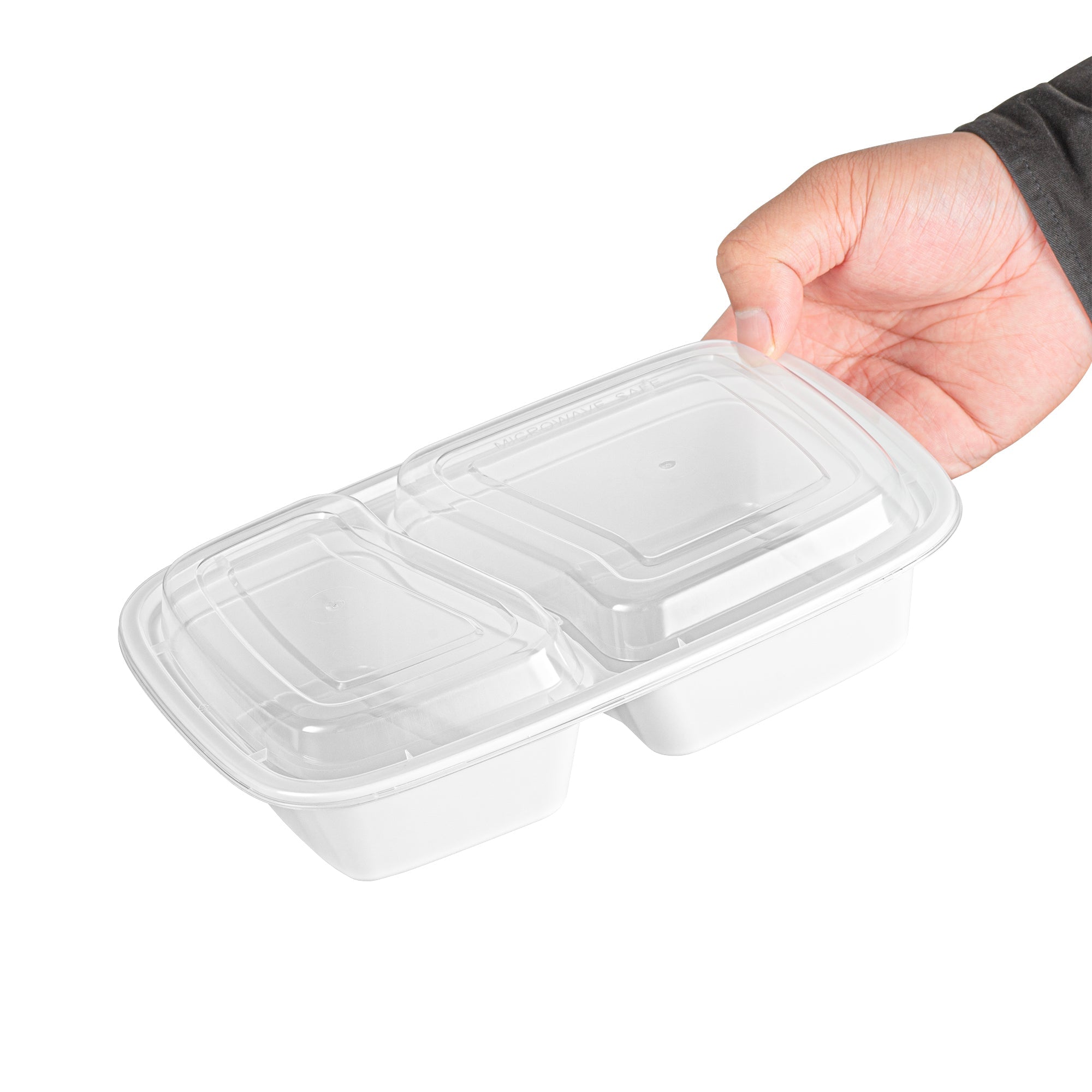 Asporto 32 oz White Plastic 2 Compartment Food Container - with Clear Lid, Microwavable - 8 3/4" x 6" x 2" - 50 count box