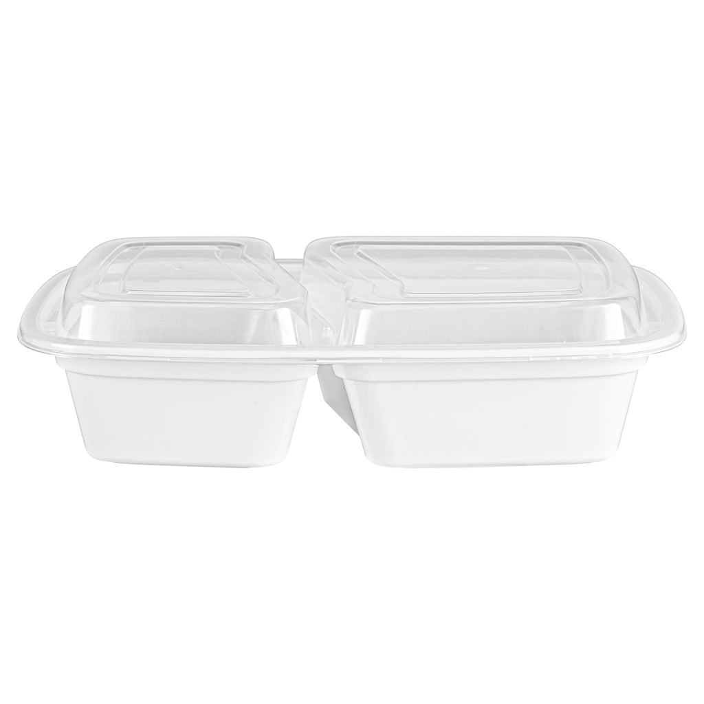 Asporto 32 oz White Plastic 2 Compartment Food Container - with Clear Lid, Microwavable - 8 3/4" x 6" x 2" - 50 count box