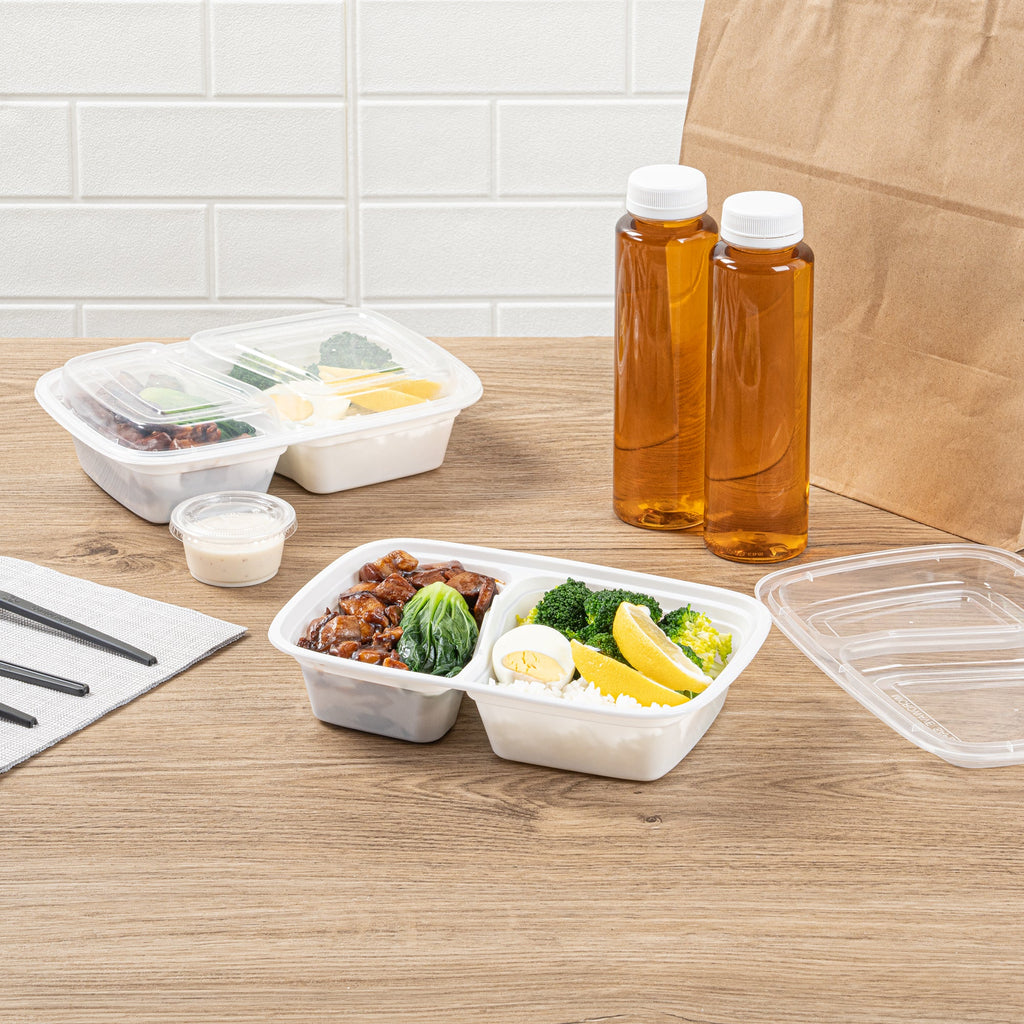 Asporto 32 oz White Plastic 2 Compartment Food Container - with Clear Lid, Microwavable - 8 3/4" x 6" x 2" - 50 count box