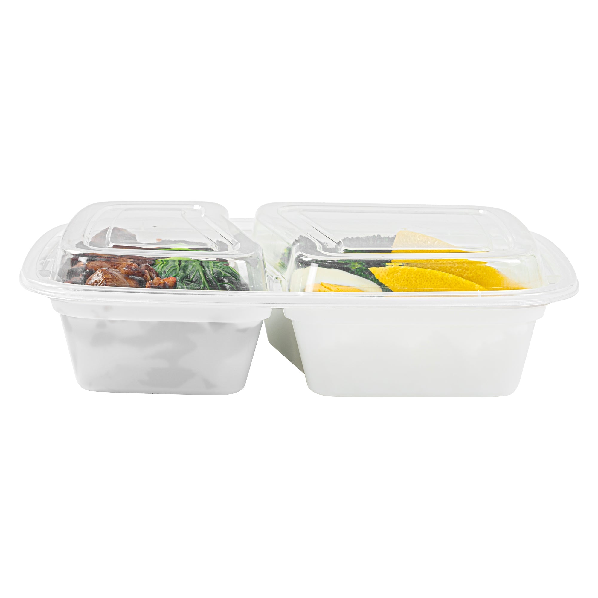 Asporto 32 oz White Plastic 2 Compartment Food Container - with Clear Lid, Microwavable - 8 3/4" x 6" x 2" - 100 count box