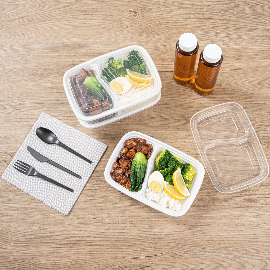 Asporto 32 oz White Plastic 2 Compartment Food Container - with Clear Lid, Microwavable - 8 3/4" x 6" x 2" - 100 count box