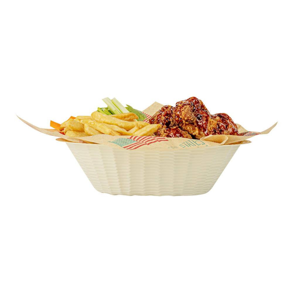 Maxi Serve 25 oz Cream Plastic Oval Food Serving Basket - Disposable - 9 1/4" x 6 1/4" x 2 1/2" - 100 count box