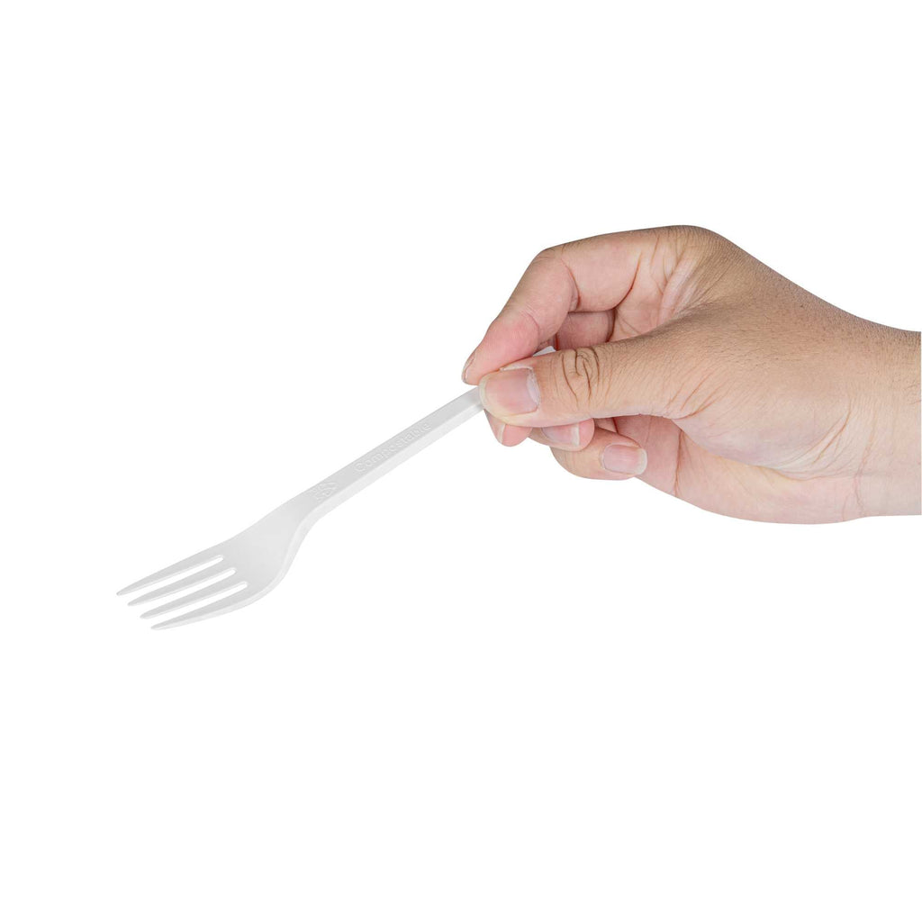 Basic Nature White CPLA Plastic Fork - Heat-Resistant, Compostable - 6 1/2" x 1" x 1/2" - 50 count box