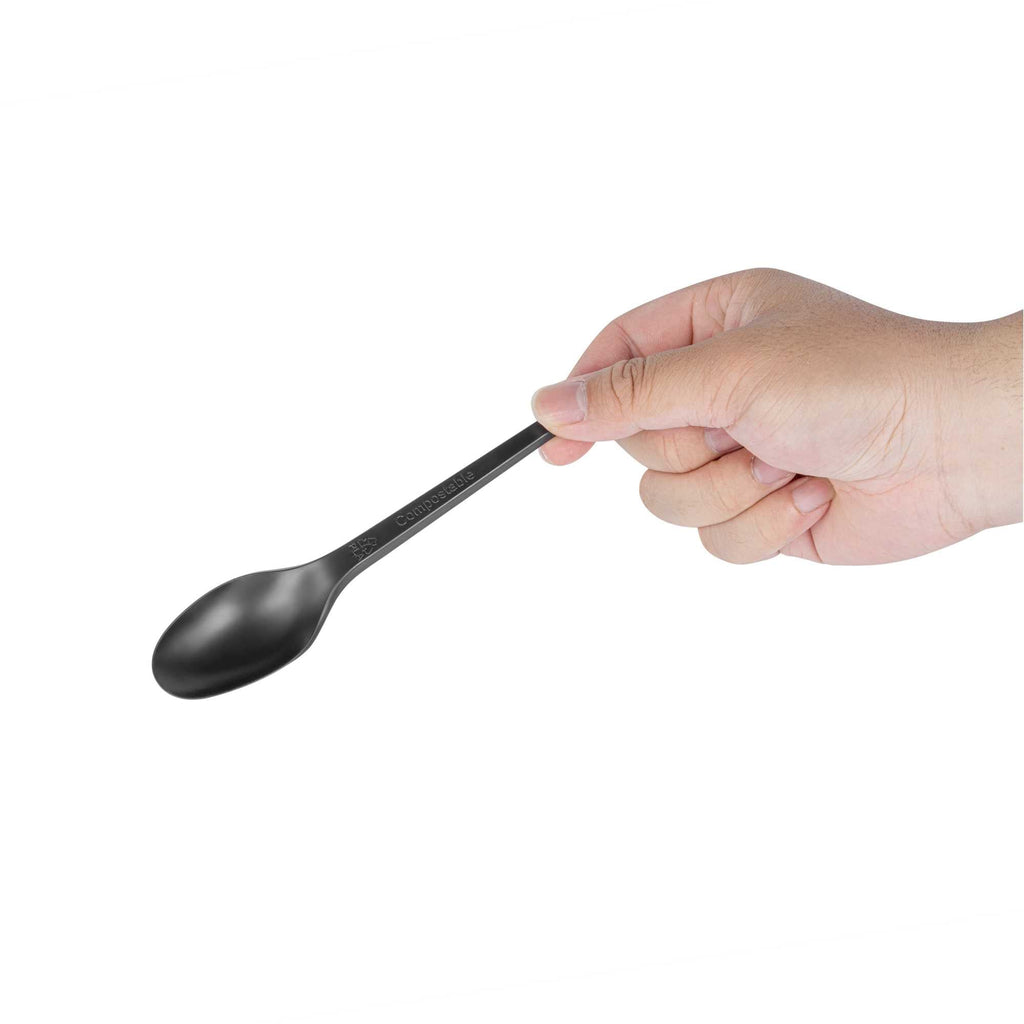 Basic Nature Black CPLA Plastic Spoon - Heat-Resistant, Compostable - 6 1/2" x 1 1/4" x 1/2" - 50 count box