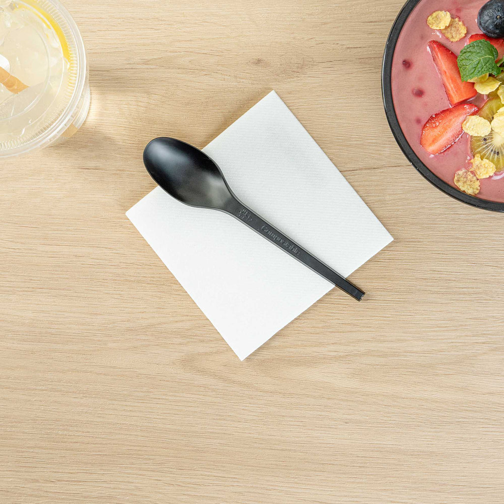 Basic Nature Black CPLA Plastic Spoon - Heat-Resistant, Compostable - 6 1/2" x 1 1/4" x 1/2" - 250 count box