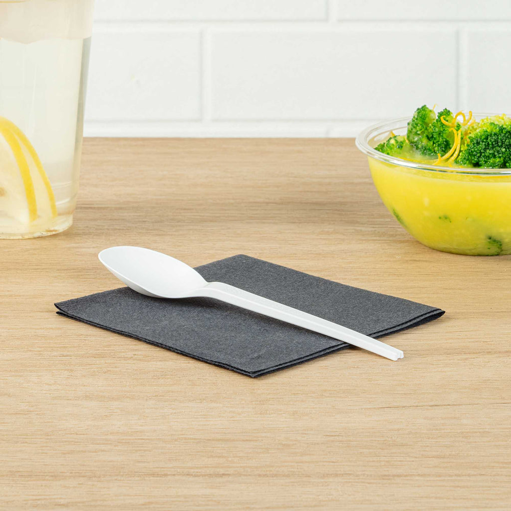Basic Nature White CPLA Plastic Spoon - Heat-Resistant, Compostable - 6 1/2" x 1 1/4" x 1/2" - 50 count box