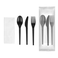 Basic Nature Black CPLA Plastic Cutlery Set - White Napkin, Heat-Resistant, Compostable - 8 3/4" x 2 3/4" x 3/4" - 100 count box