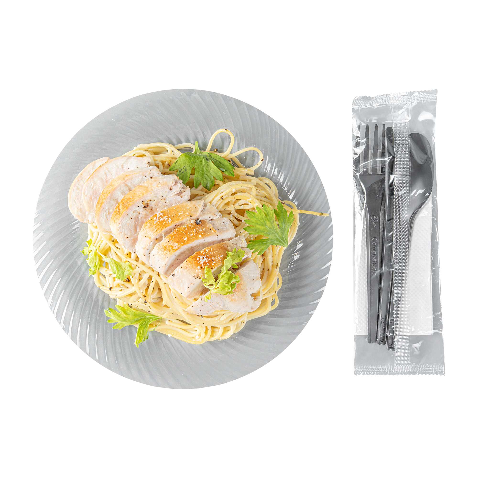 Basic Nature Black CPLA Plastic Cutlery Set - White Napkin, Heat-Resistant, Compostable - 8 3/4" x 2 3/4" x 3/4" - 100 count box