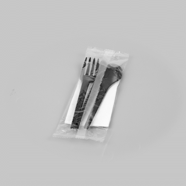 Basic Nature Black CPLA Plastic Cutlery Set - White Napkin, Heat-Resistant, Compostable - 8 3/4" x 2 3/4" x 3/4" - 100 count box