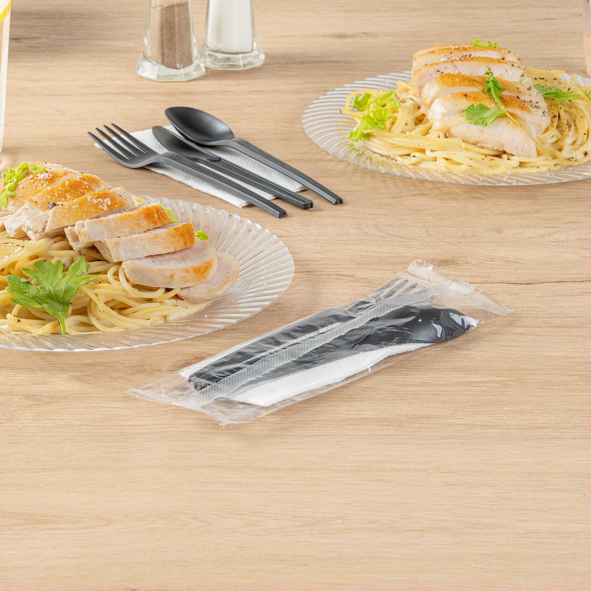 Basic Nature Black CPLA Plastic Cutlery Set - White Napkin, Heat-Resistant, Compostable - 8 3/4" x 2 3/4" x 3/4" - 100 count box