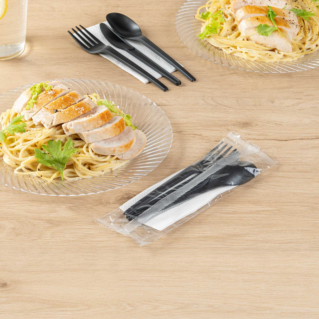 Basic Nature Black CPLA Plastic Cutlery Set - White Napkin, Heat-Resistant, Compostable - 8 3/4" x 2 3/4" x 3/4" - 100 count box