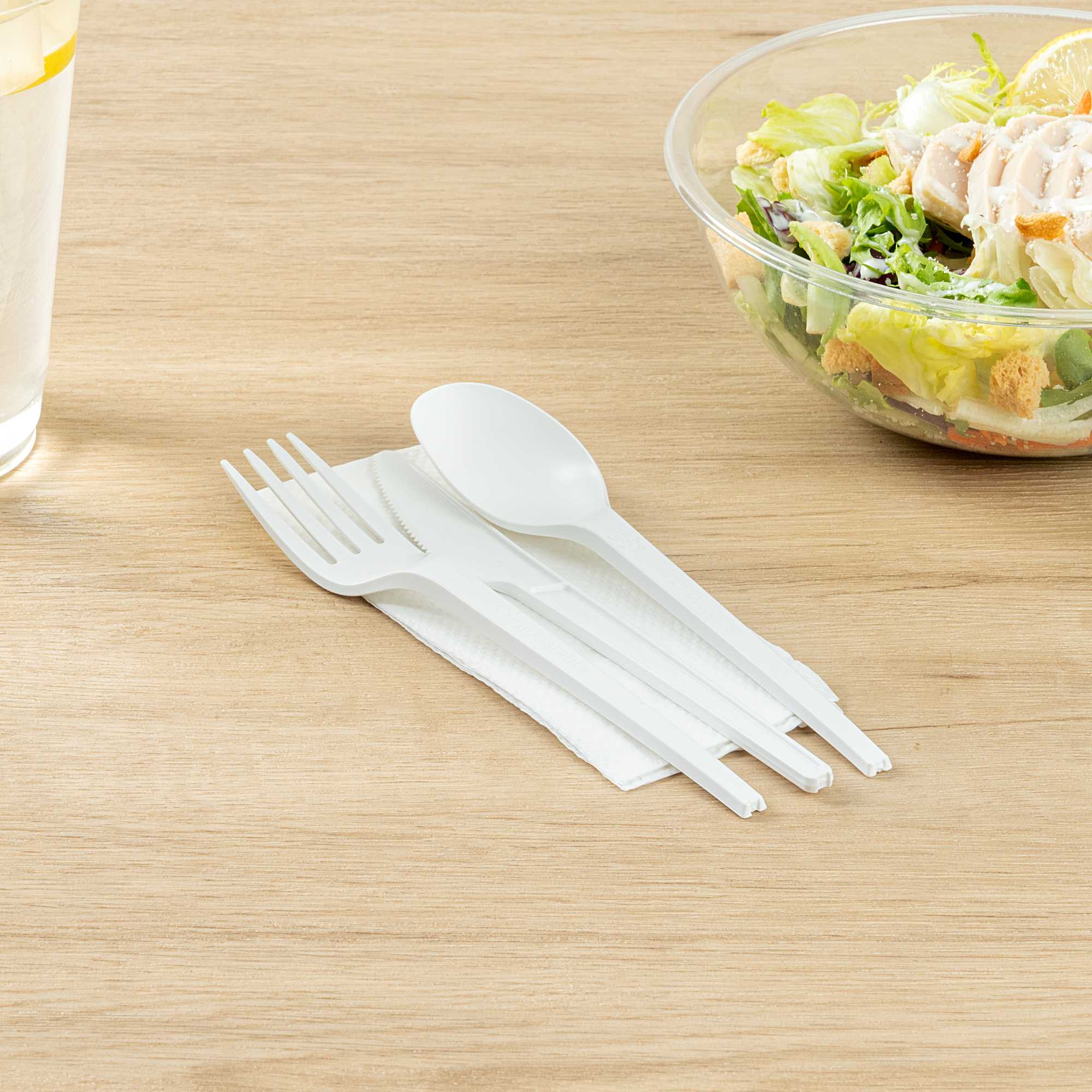 Basic Nature White CPLA Plastic Cutlery Set - White Napkin, Heat-Resistant, Compostable - 8 3/4" x 2 3/4" x 3/4" - 100 count box