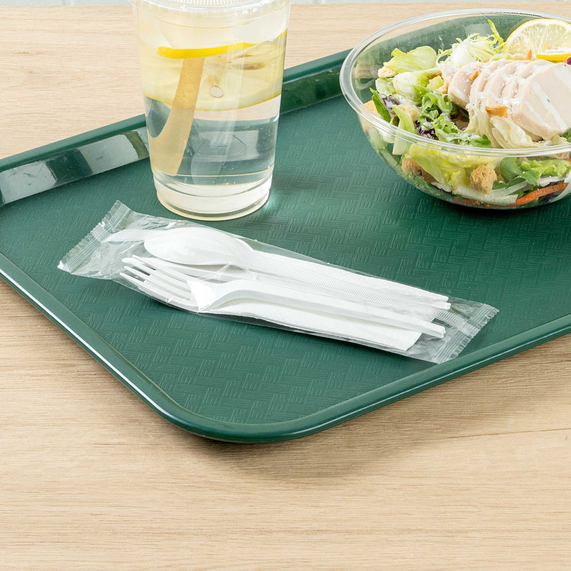 Basic Nature White CPLA Plastic Cutlery Set - White Napkin, Heat-Resistant, Compostable - 8 3/4" x 2 3/4" x 3/4" - 100 count box