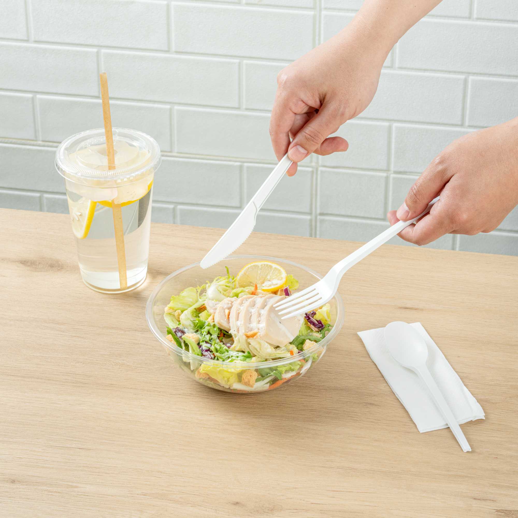 Basic Nature White CPLA Plastic Cutlery Set - White Napkin, Heat-Resistant, Compostable - 8 3/4" x 2 3/4" x 3/4" - 100 count box