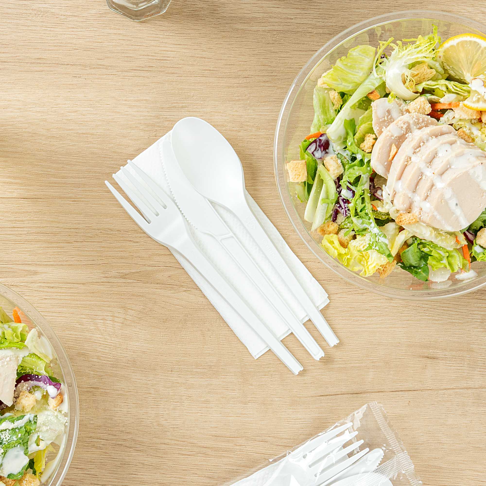 Basic Nature White CPLA Plastic Cutlery Set - White Napkin, Heat-Resistant, Compostable - 8 3/4" x 2 3/4" x 3/4" - 100 count box