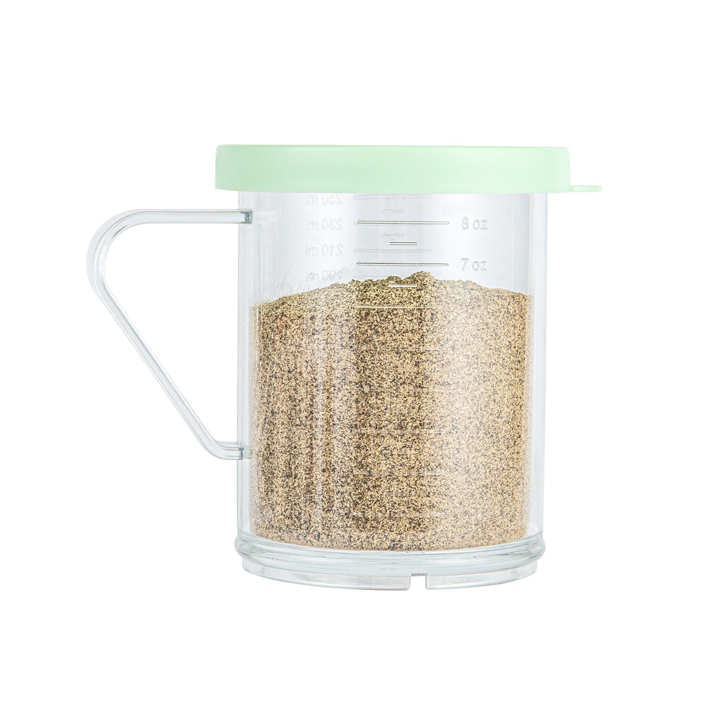 Chef 101 10 oz Clear Polycarbonate Dredge Spice Shaker - with Green Extra Fine Lid - 4 3/4" x 3 1/4" x 4" - 1 count box