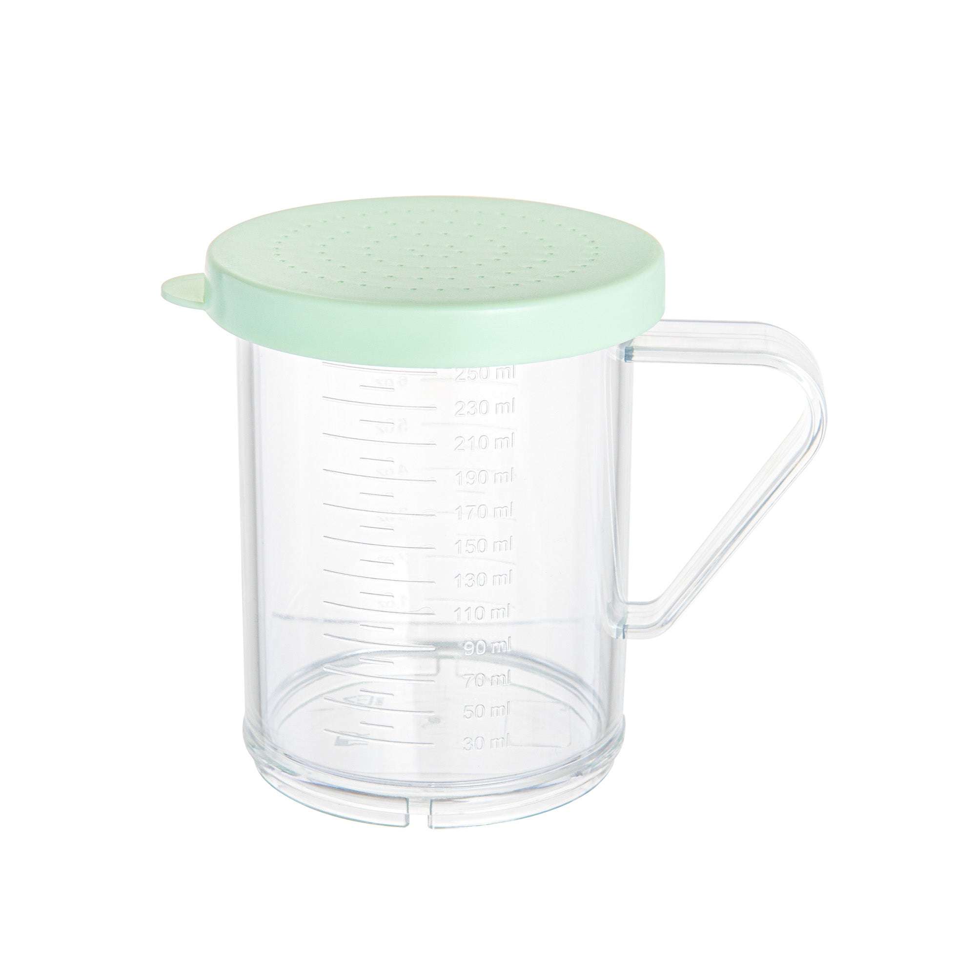 Chef 101 10 oz Clear Polycarbonate Dredge Spice Shaker - with Green Extra Fine Lid - 4 3/4" x 3 1/4" x 4" - 1 count box