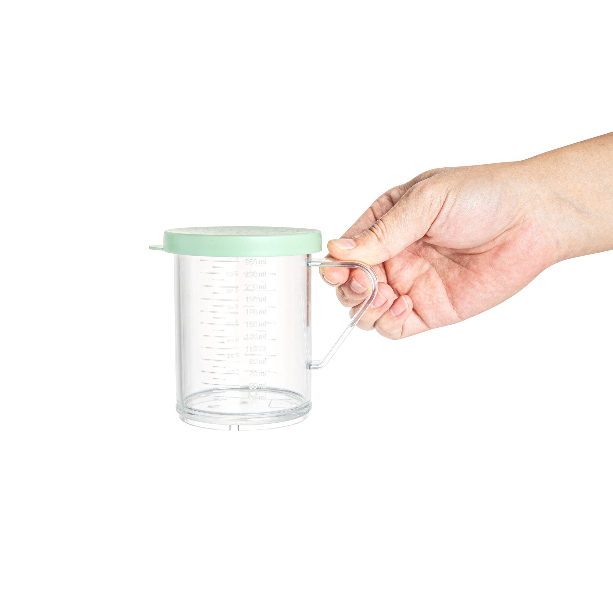 Chef 101 10 oz Clear Polycarbonate Dredge Spice Shaker - with Green Extra Fine Lid - 4 3/4" x 3 1/4" x 4" - 1 count box