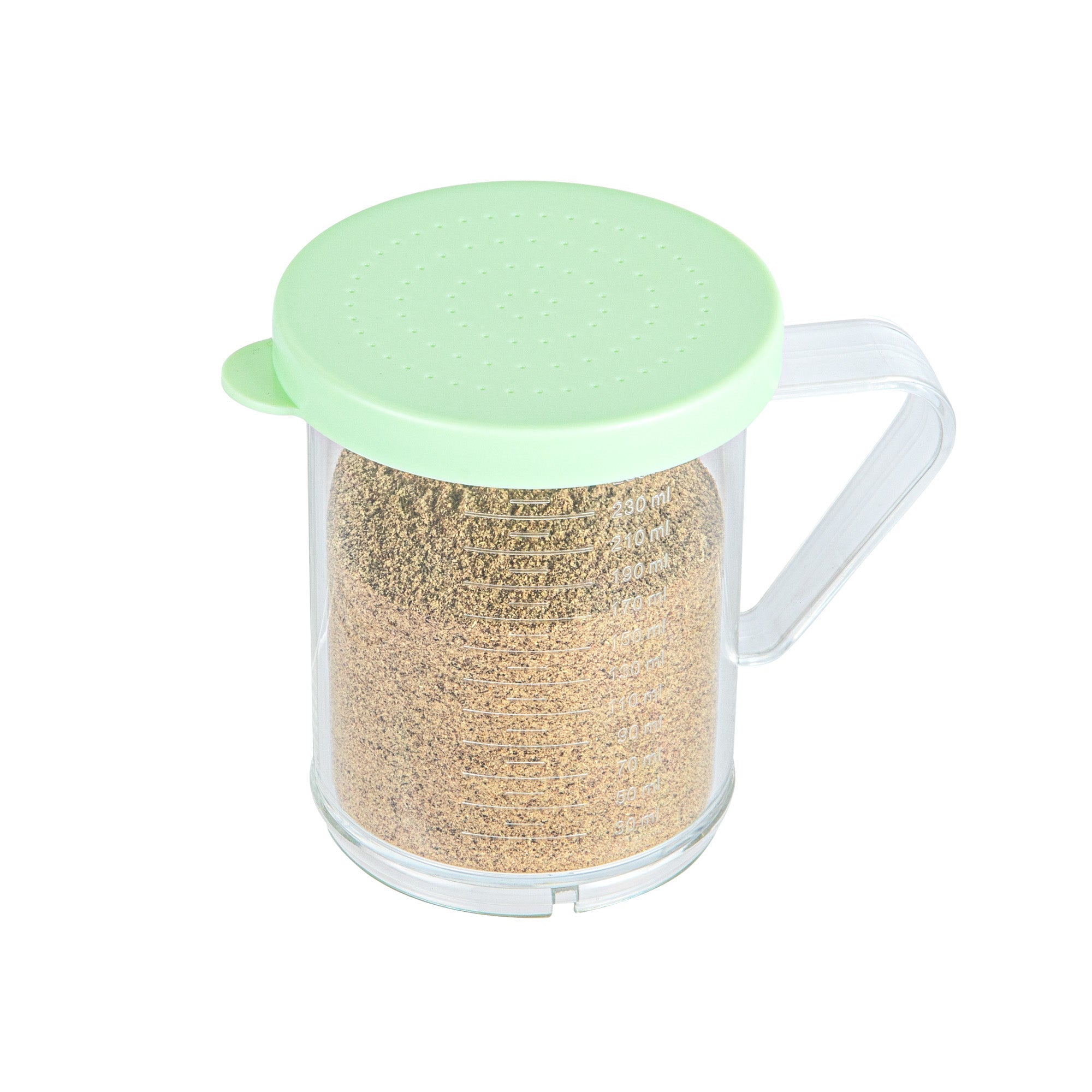 Chef 101 10 oz Clear Polycarbonate Dredge Spice Shaker - with Green Extra Fine Lid - 4 3/4" x 3 1/4" x 4" - 1 count box