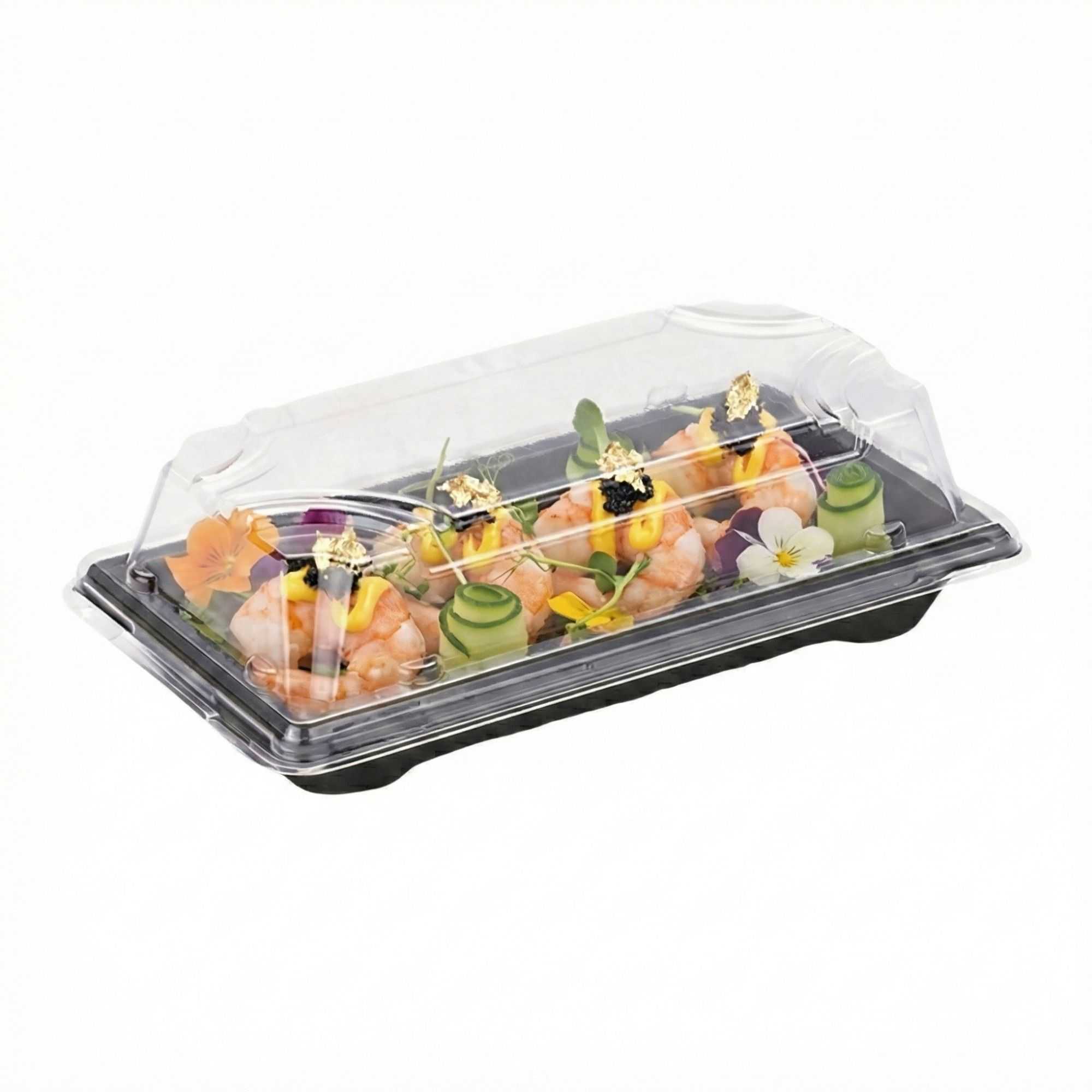 Roku Rectangle Black Plastic Small Take Out Sushi Tray - with Clear Lid - 5 1/2" x 3" x 2" - 100 count box