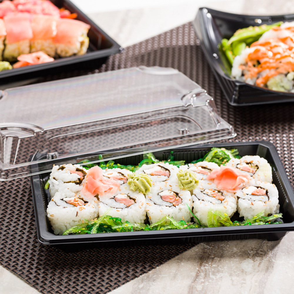 Roku Rectangle Black Plastic Large Take Out Sushi Tray - with Clear Lid - 8 3/4" x 5 1/2" x 2" - 100 count box