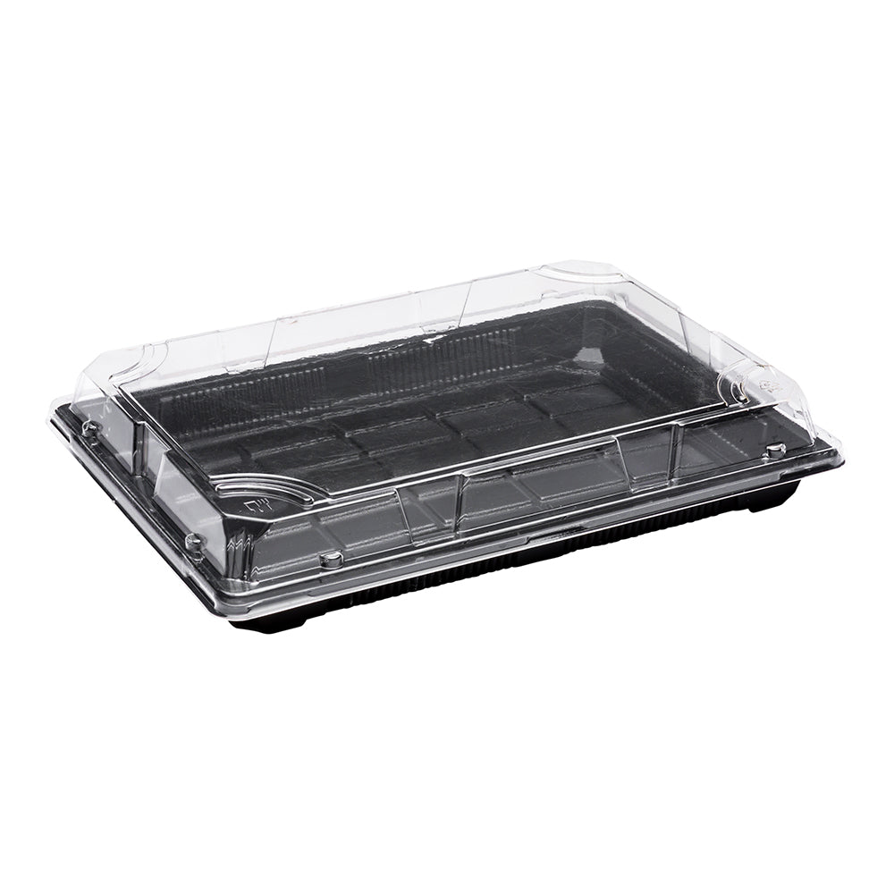 Roku Rectangle Black Plastic Extra Large Take Out Sushi Tray - with Clear Lid - 10 1/4" x 7 1/2" x 2" - 100 count box
