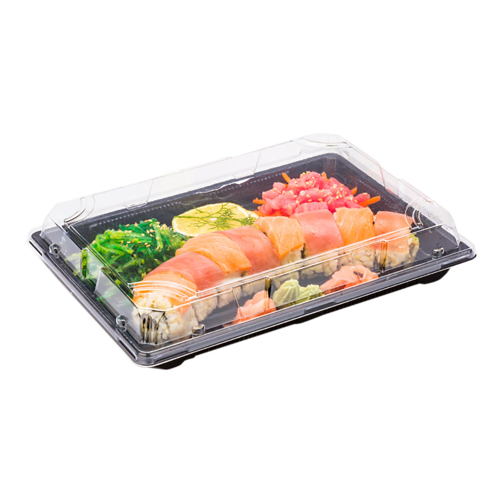 Roku Rectangle Black Plastic Extra Large Take Out Sushi Tray - with Clear Lid - 10 1/4" x 7 1/2" x 2" - 100 count box