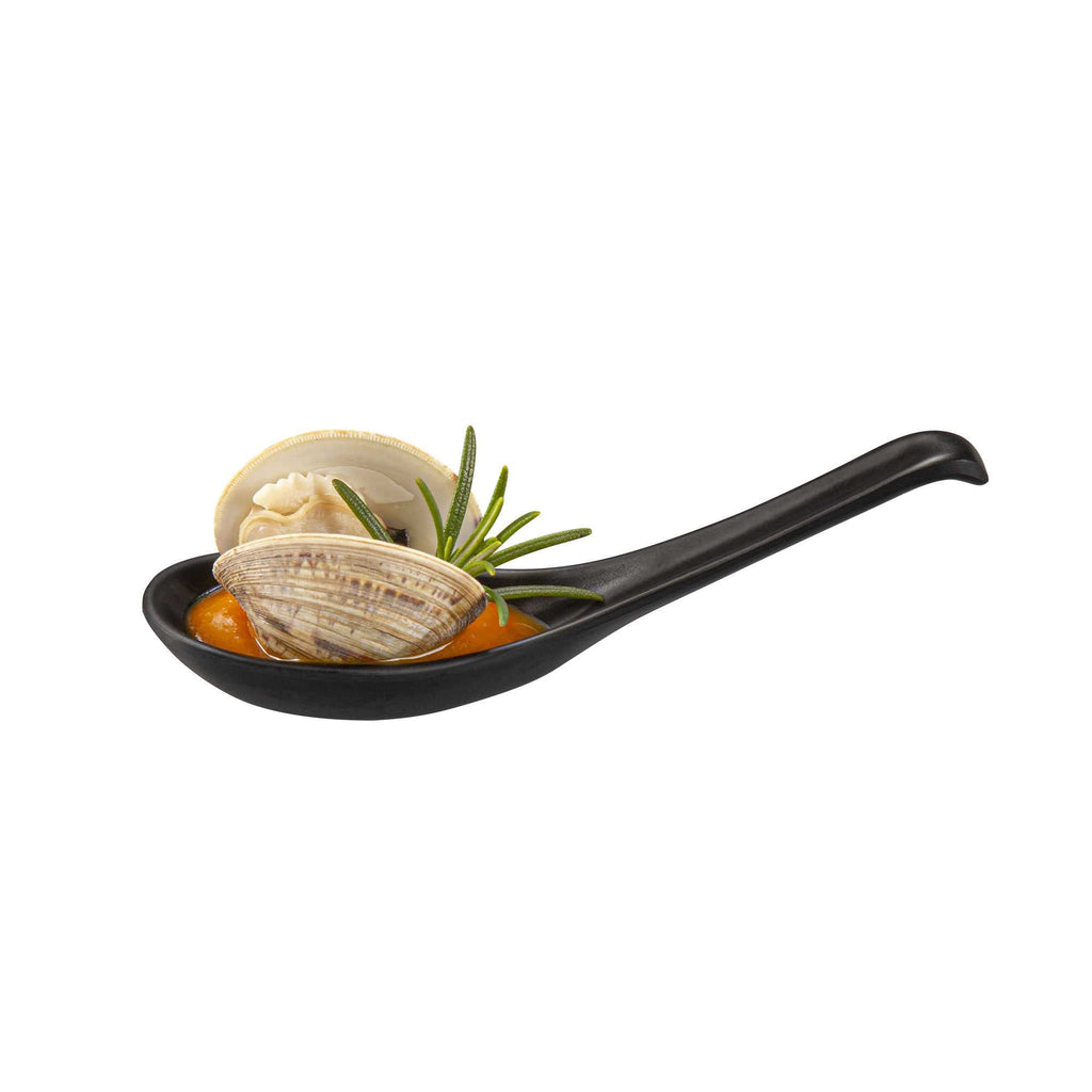 Voga 1 oz Black Melamine Tasting Spoon - Japonais, Curva - 5 3/4" x 1 1/2" x 1" - 10 count box