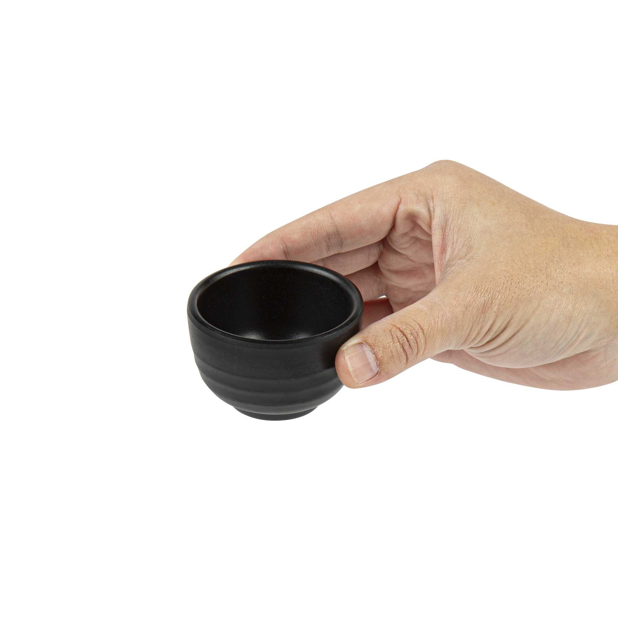 Voga 2 oz Round Black Melamine Condiment Cup - Japonais - 2 1/2" x 2 1/2" x 1 1/2" - 10 count box