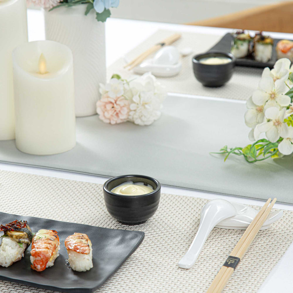Voga 2 oz Round Black Melamine Condiment Cup - Japonais - 2 1/2" x 2 1/2" x 1 1/2" - 10 count box