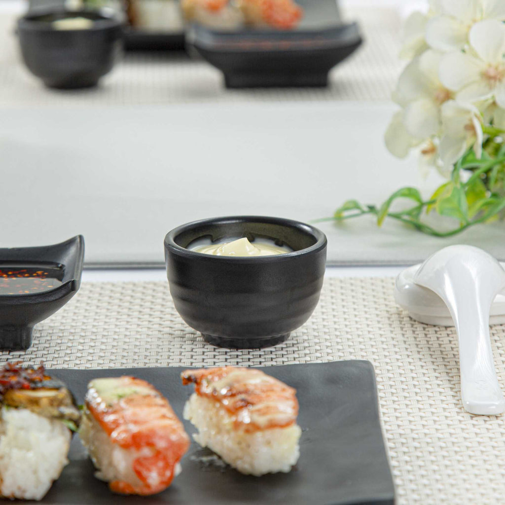 Voga 2 oz Round Black Melamine Condiment Cup - Japonais - 2 1/2" x 2 1/2" x 1 1/2" - 10 count box