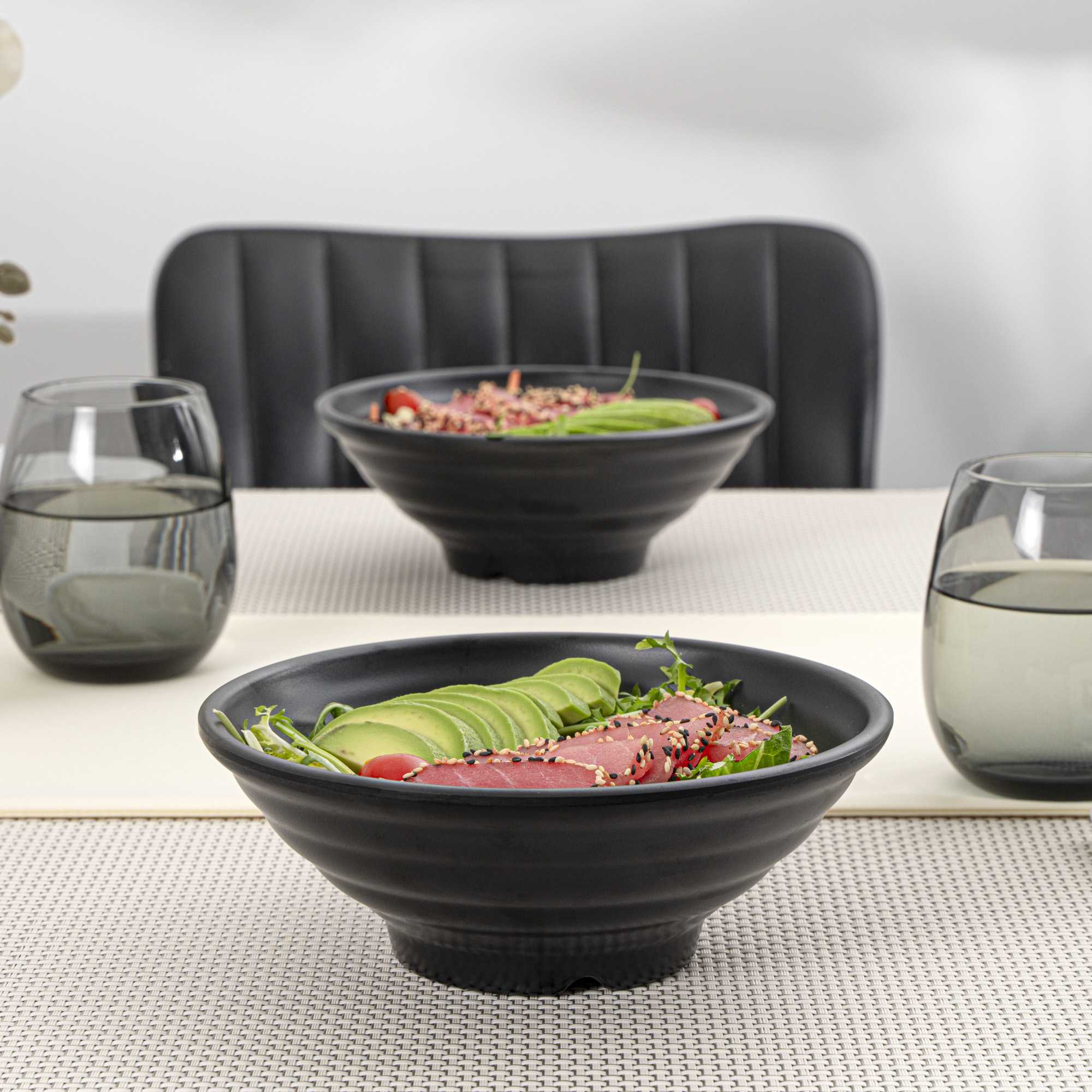 Voga 27 oz Round Black Melamine Large Bowl - Japonais, Faux Stone - 7 3/4" x 7 3/4" x 3" - 2 count box