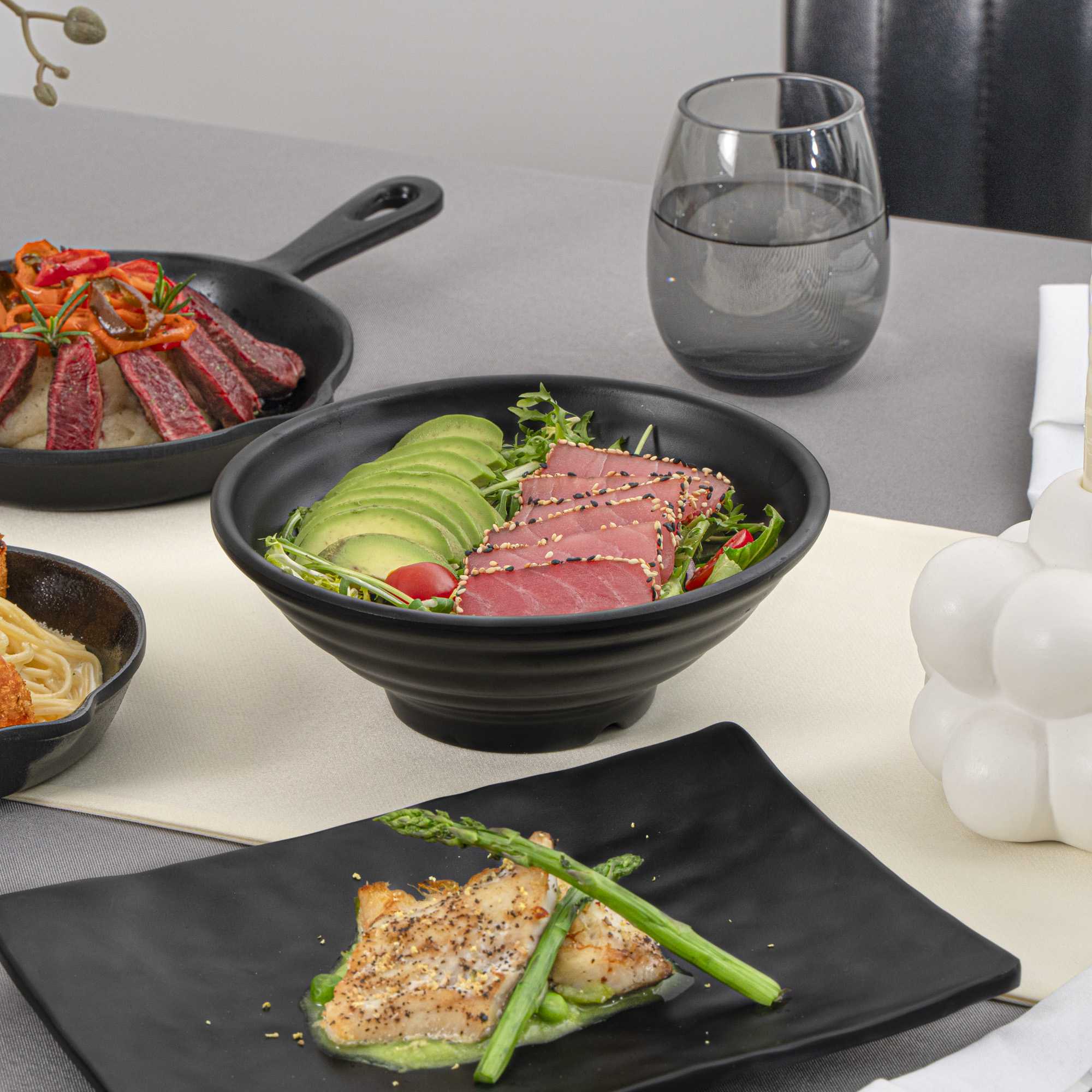 Voga 27 oz Round Black Melamine Large Bowl - Japonais, Faux Stone - 7 3/4" x 7 3/4" x 3" - 2 count box