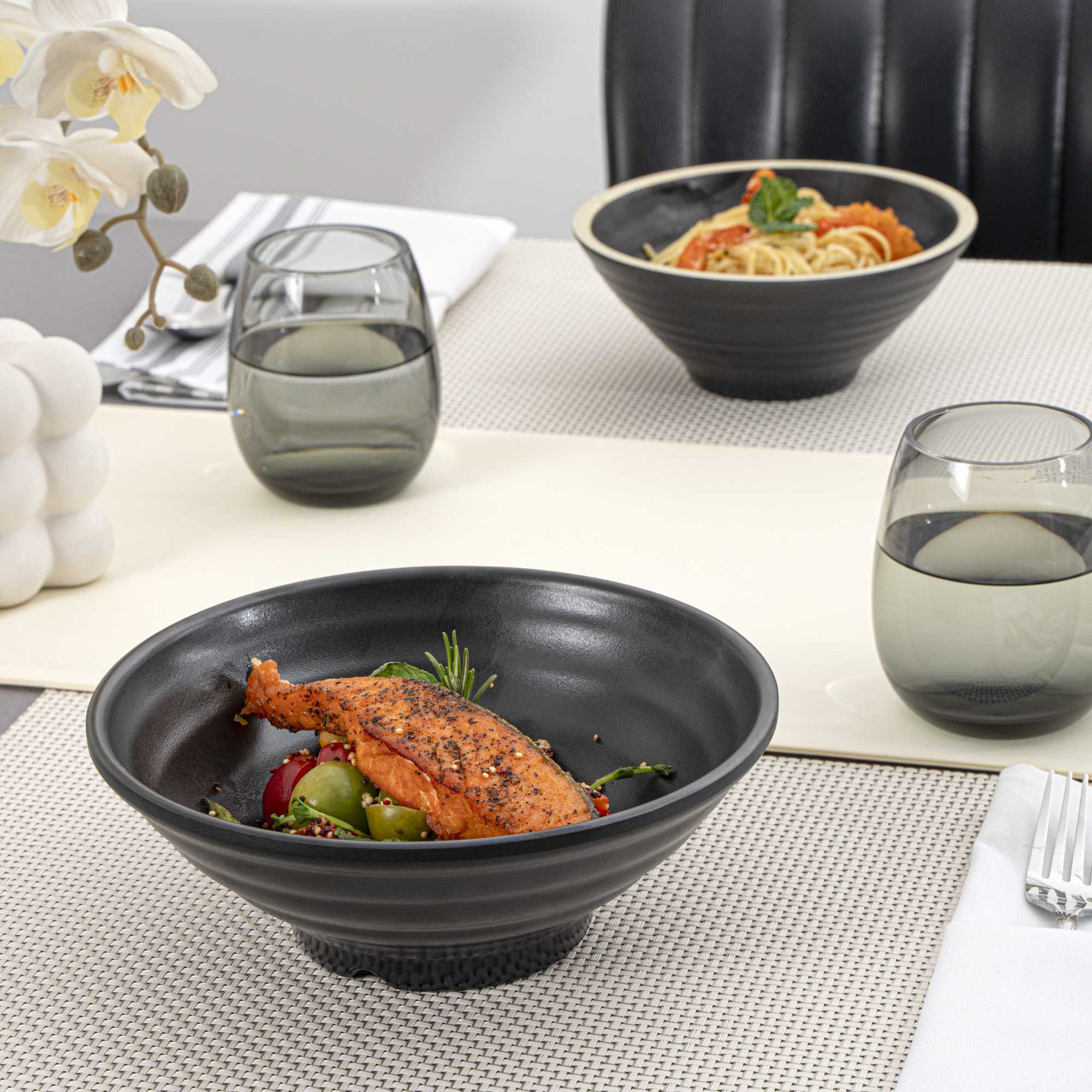 Voga 42 oz Round Black Melamine Extra Large Bowl - Japonais, Faux Stone - 8 3/4" x 8 3/4" x 3 1/4" - 2 count box