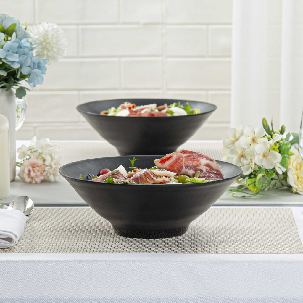 Voga 37 oz Round Black Melamine Serving Bowl - Japonais, Faux Slate - 9 3/4" x 9 3/4" x 3 1/4" - 2 count box