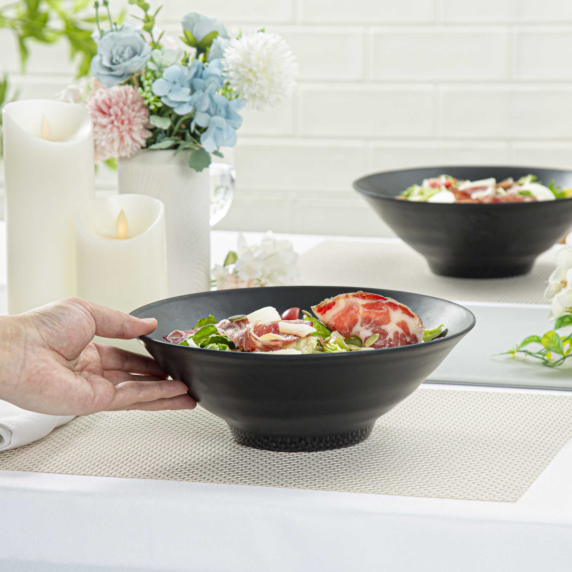 Voga 37 oz Round Black Melamine Serving Bowl - Japonais, Faux Slate - 9 3/4" x 9 3/4" x 3 1/4" - 2 count box