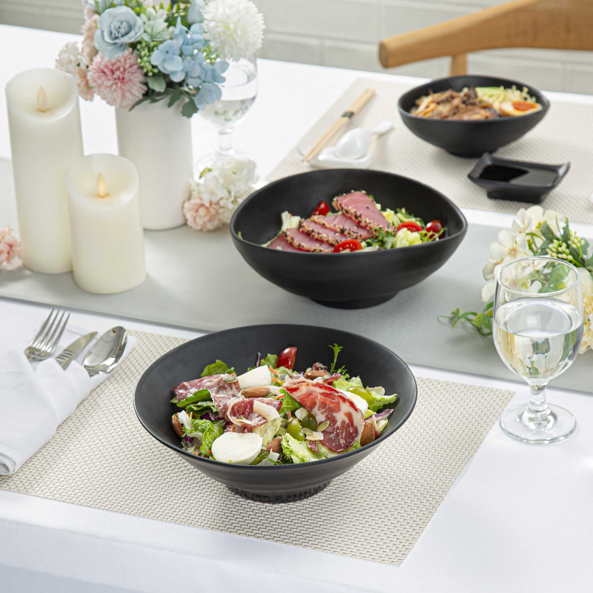 Voga 37 oz Round Black Melamine Serving Bowl - Japonais, Faux Slate - 9 3/4" x 9 3/4" x 3 1/4" - 2 count box