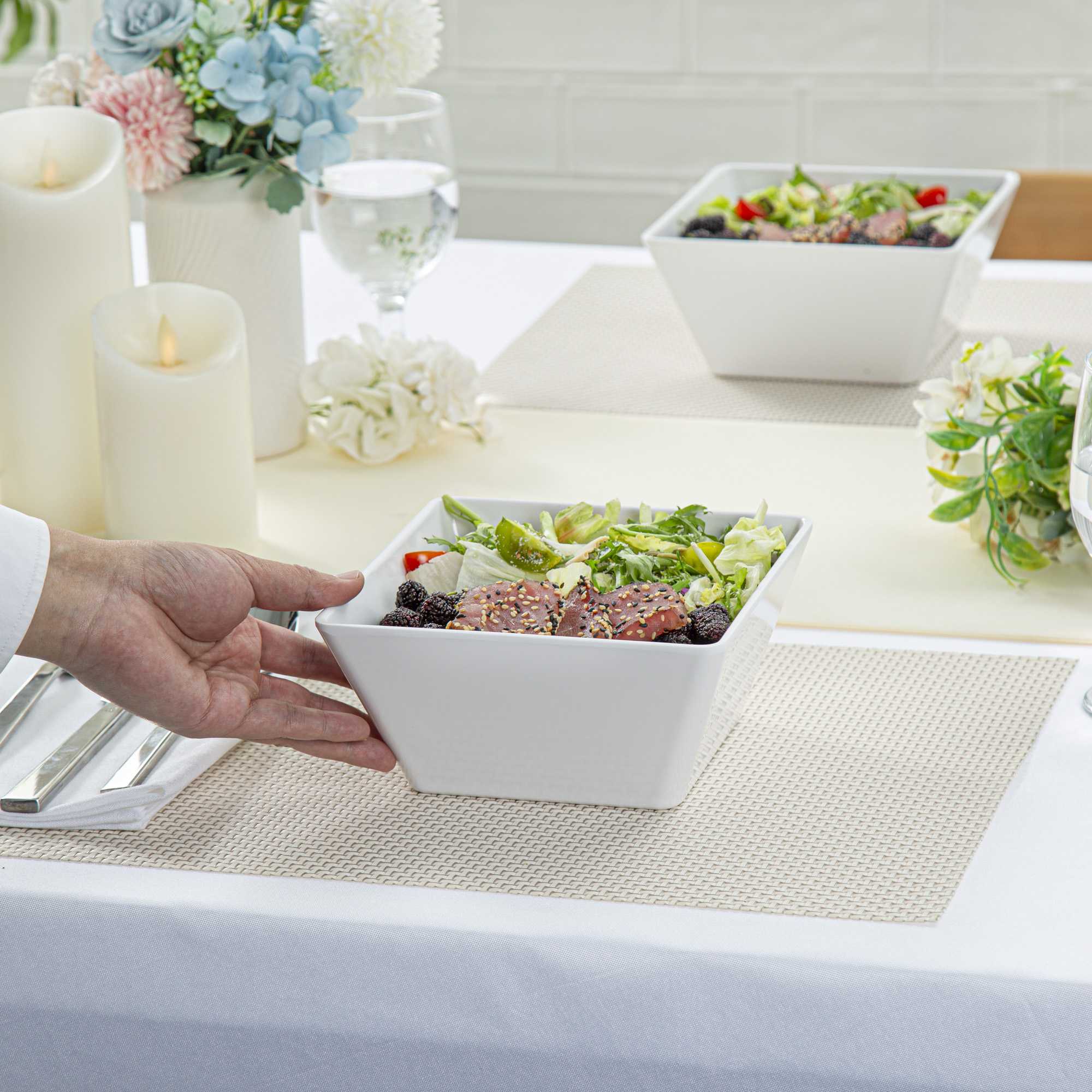 Voga 45 oz Square White Melamine Serving Bowl - Classic - 7" x 7" x 3 1/4" - 10 count box