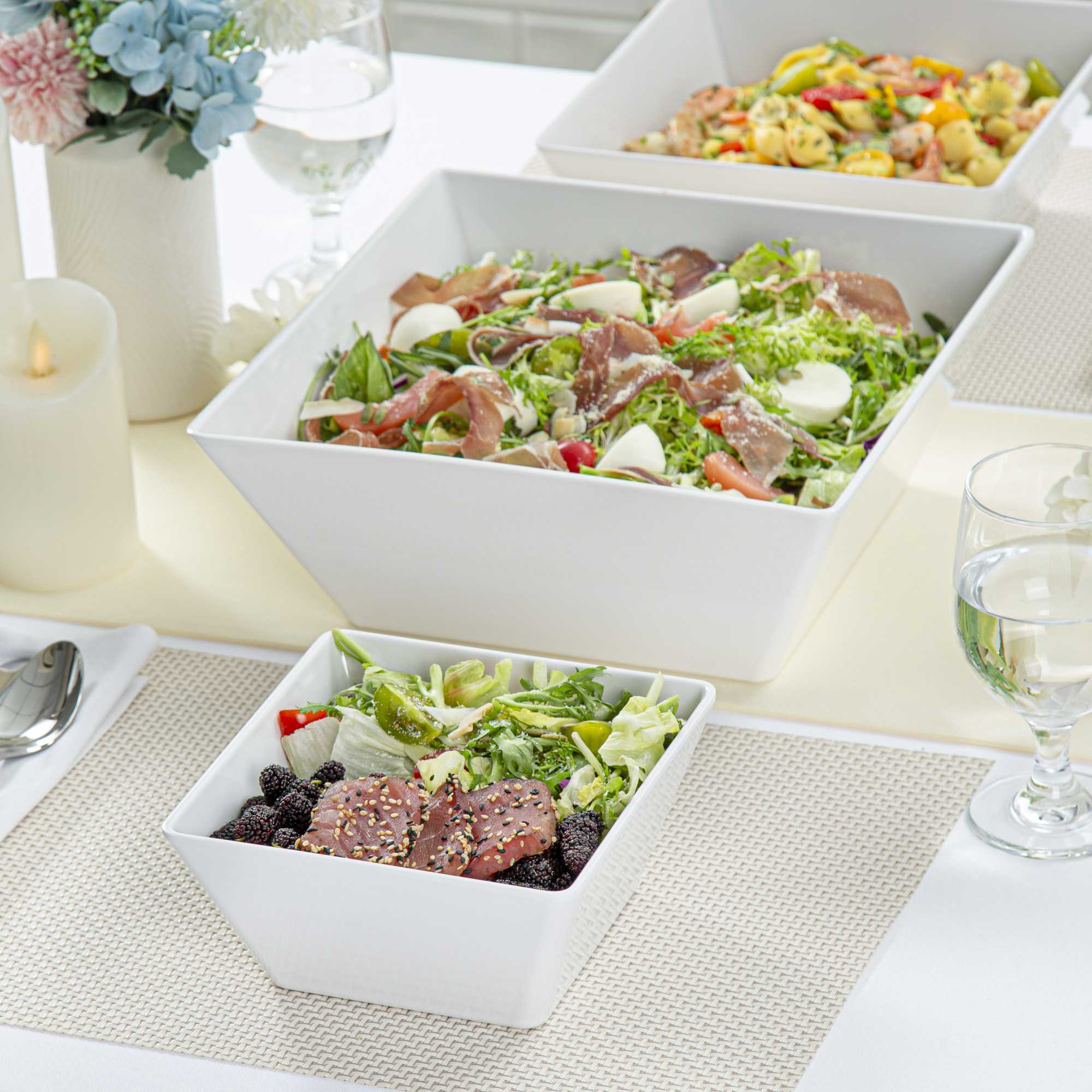 Voga 45 oz Square White Melamine Serving Bowl - Classic - 7" x 7" x 3 1/4" - 10 count box