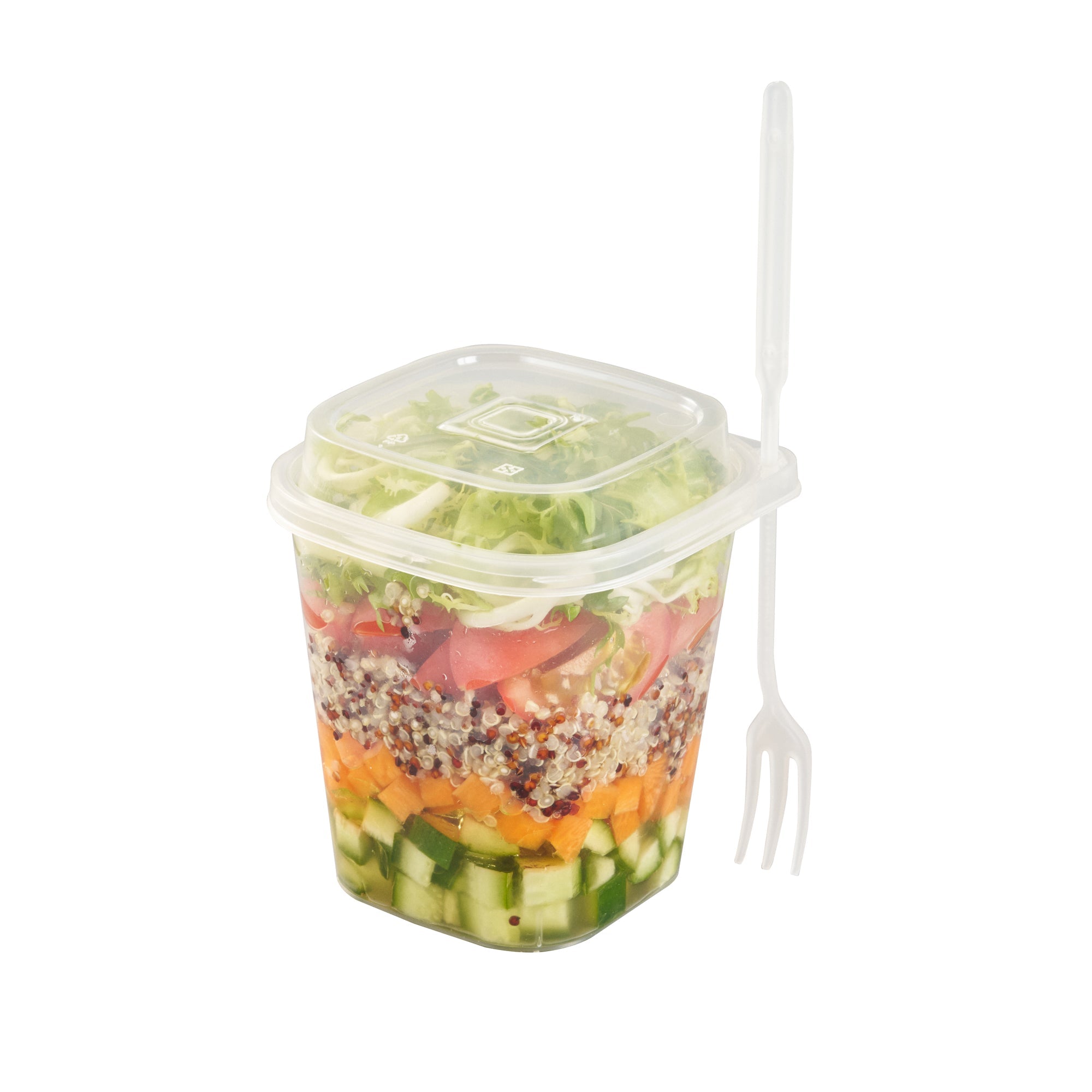 Asporto 17 oz Clear Plastic Salad To Go Cup - with Clear Lid and Fork - 3 1/2" x 3 1/2" x 4" - 100 count box