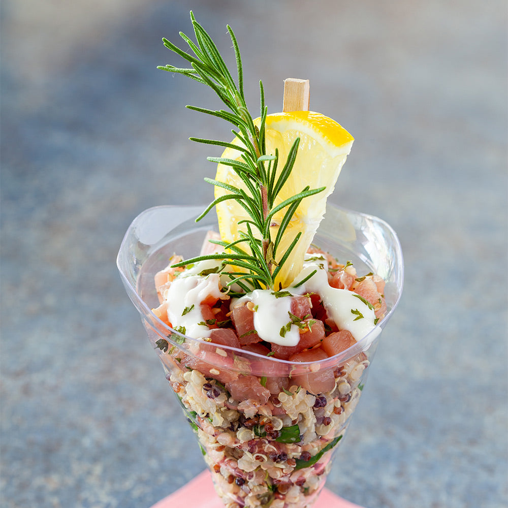 Mini Serve 3 oz Clear Plastic Nautilus Appetizer Cone - with Base - 3" x 3" x 4 1/2" - 100 count box