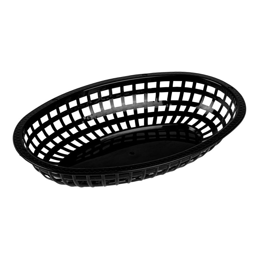 Chef 101 Oval Black Plastic Fast Food Serving Basket - 10 1/4" x 6 3/4" x 2" - 10 count box