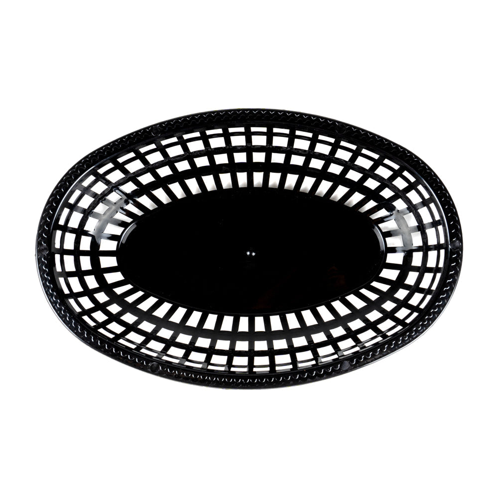 Chef 101 Oval Black Plastic Fast Food Serving Basket - 10 1/4" x 6 3/4" x 2" - 10 count box