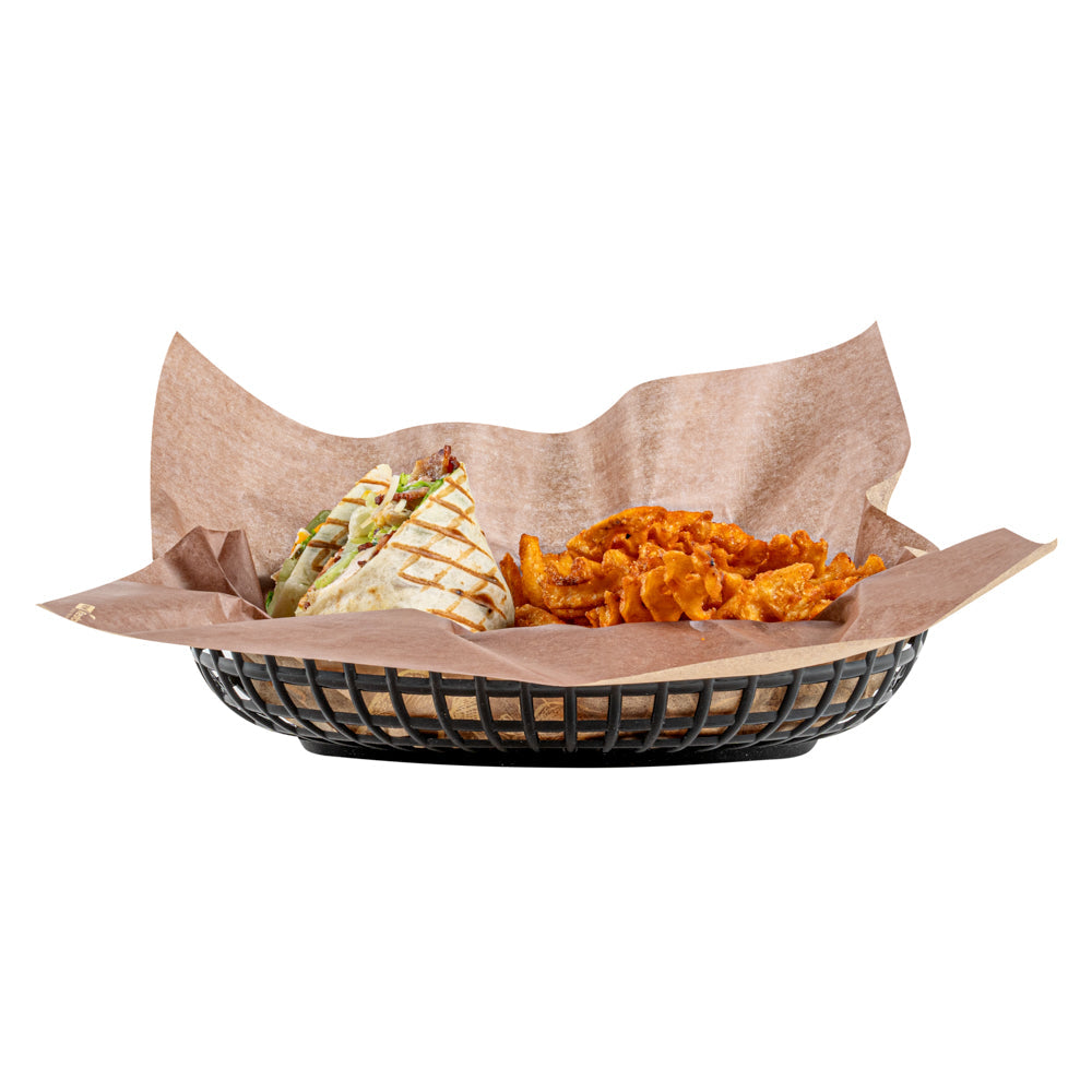 Chef 101 Oval Black Plastic Fast Food Serving Basket - 10 1/4" x 6 3/4" x 2" - 100 count box