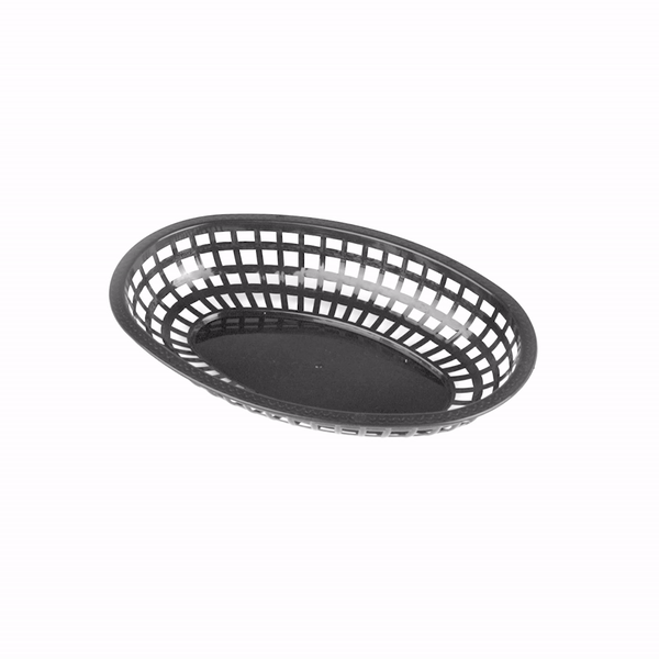 Chef 101 Oval Black Plastic Fast Food Serving Basket - 10 1/4" x 6 3/4" x 2" - 100 count box