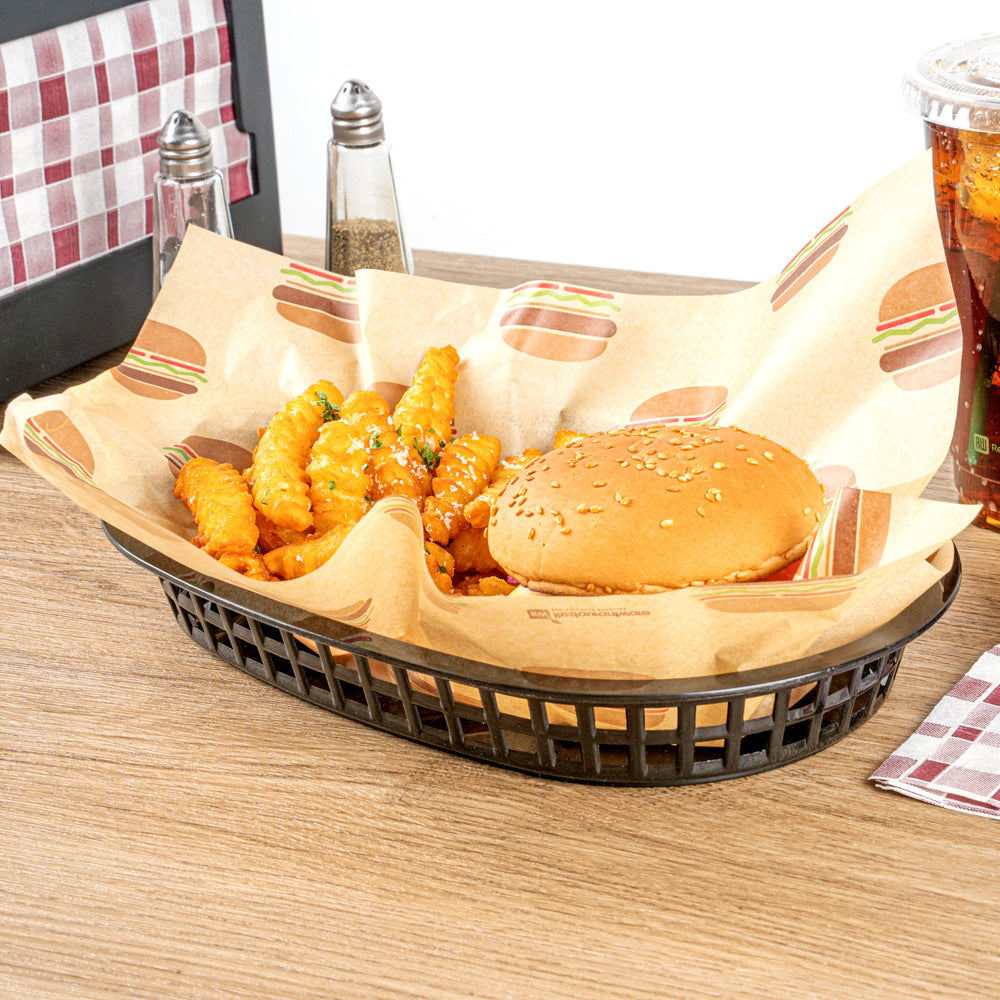Chef 101 Oval Black Plastic Fast Food Serving Basket - 10 1/2" x 7 1/4" x 1 1/2" - 10 count box