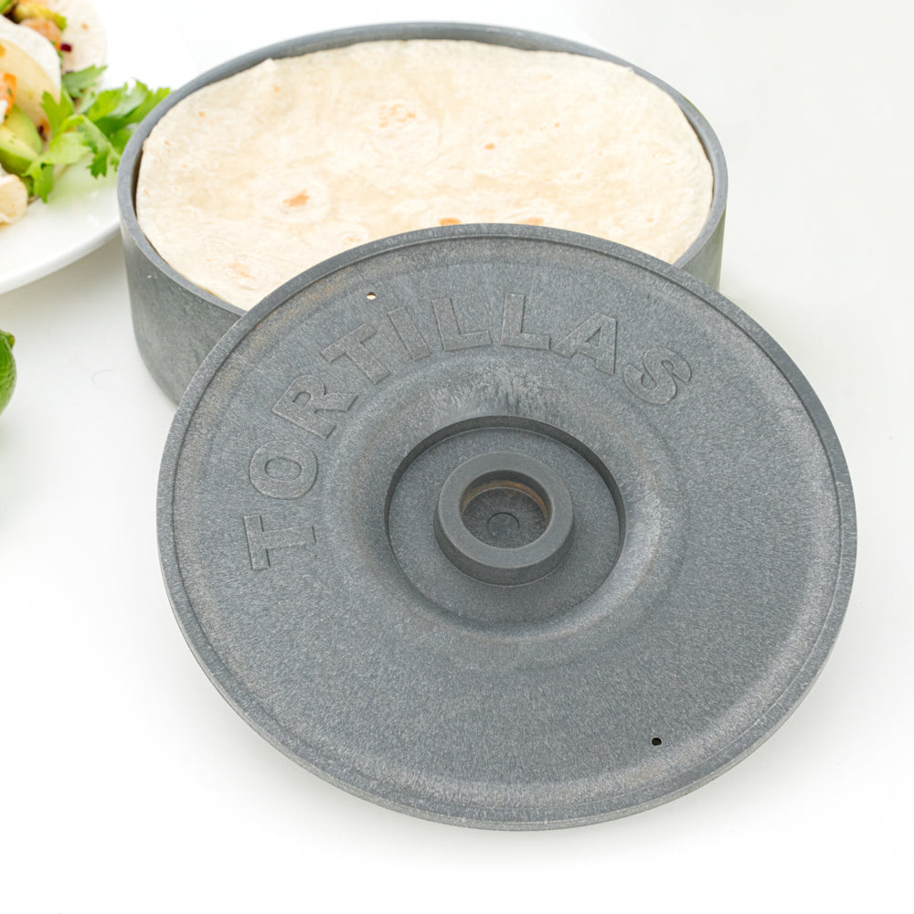 Chef 101 Round Gray Plastic Tortilla Warmer / Server - 8 1/2" x 8 1/2" x 2 1/4" - 1 count box