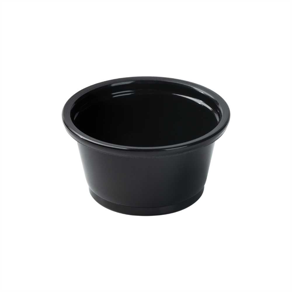 Chef 101 0.8 oz Round Black Plastic Portion Cup - 1 3/4" x 1 3/4" x 1" - 2000 count box