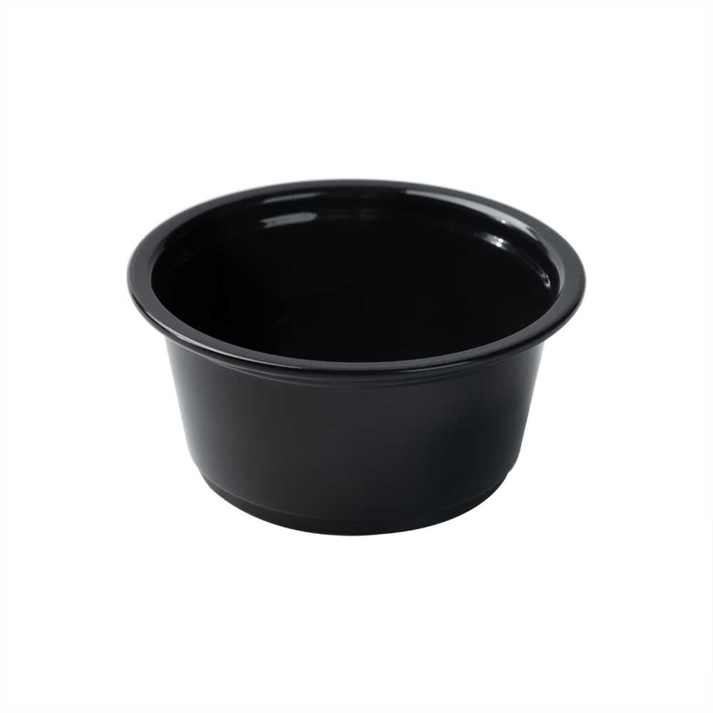 Chef 101 3.3 oz Round Black Plastic Portion Cup - 3" x 3" x 1 1/4" - 2000 count box