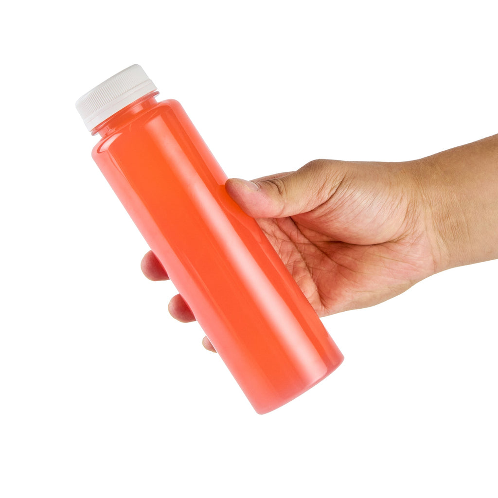 Bottle Tek 12 oz Round Clear Plastic Cold Pressed Juice Bottle - with Safety Cap - 2" x 2" x 7 1/4" - 100 count box